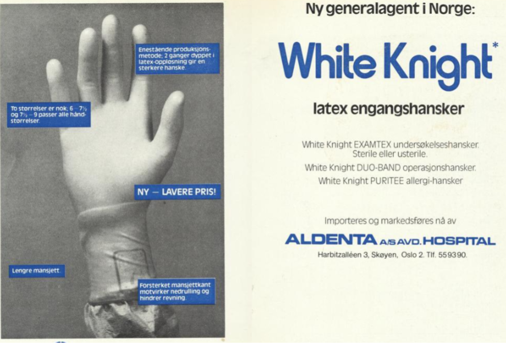 An advertisement for a plastic glove called "White Knight". The saturated Norwegian advertisement shows a single hand in the glove with annotations about its benefits.