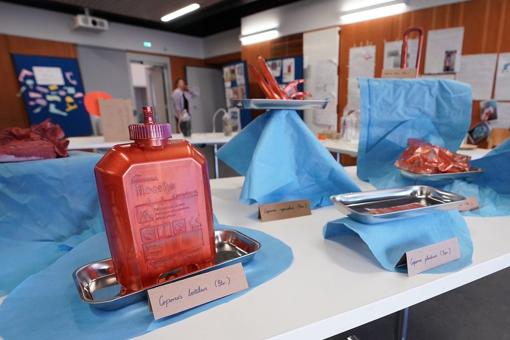 Single-use medical devices painted in bronze and arranged on pedestals of varying heights