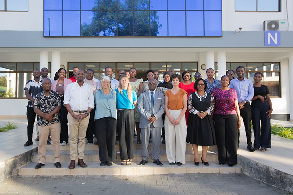 A large group of academics, health care professionals and researchers stand infront of a municipal building in the sunshine. 