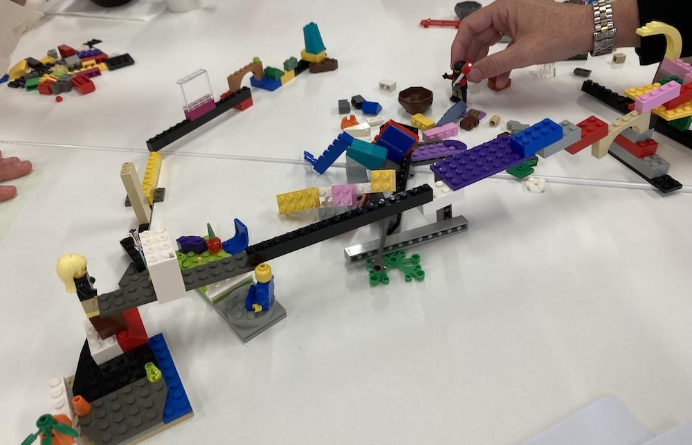 A LEGO® build involving bridges and building connections.