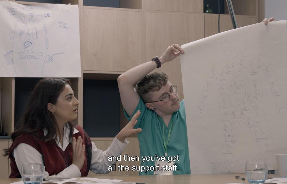 Two people are sat at a desk in a beige room. One of them is holding up a large sheet of paper with a body diagram that organises departments like organs. 