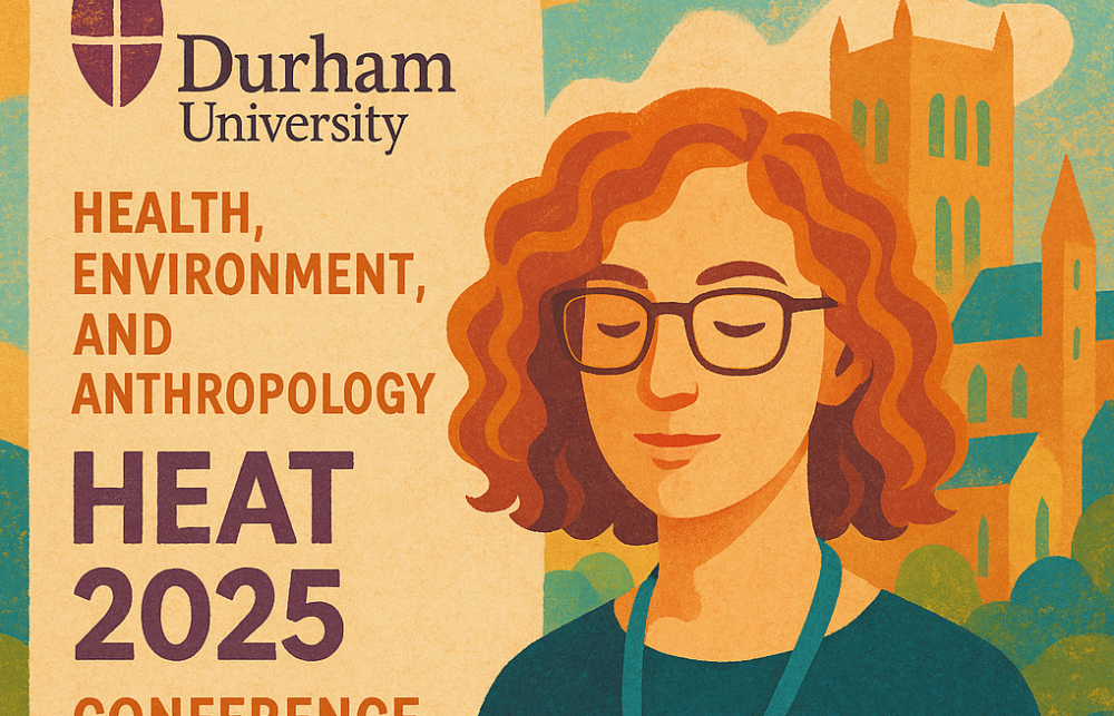 A warm toned conference graphic with a long curly haired face wearing glasses in the foreground and the tower of Durham University in the background. 