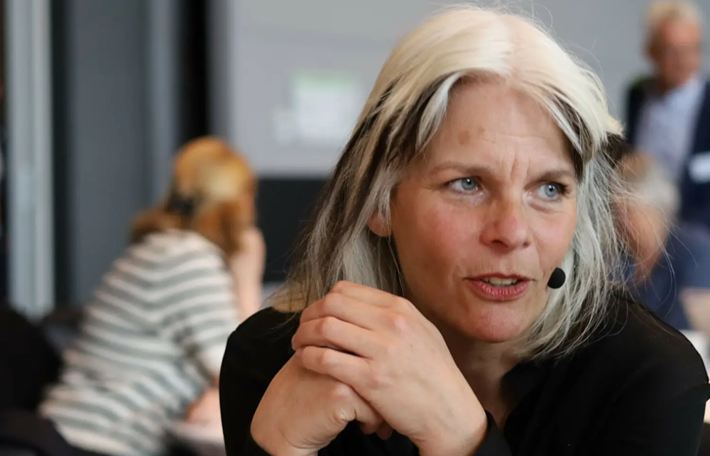 Professor Anne Kveim Lie talking in an academic setting with three figures in the background. 