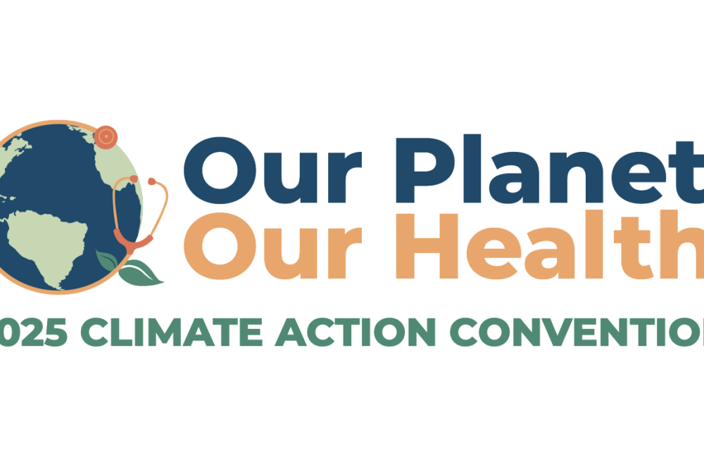 Logo for Our Planet, Our Health with a globe design motif. 